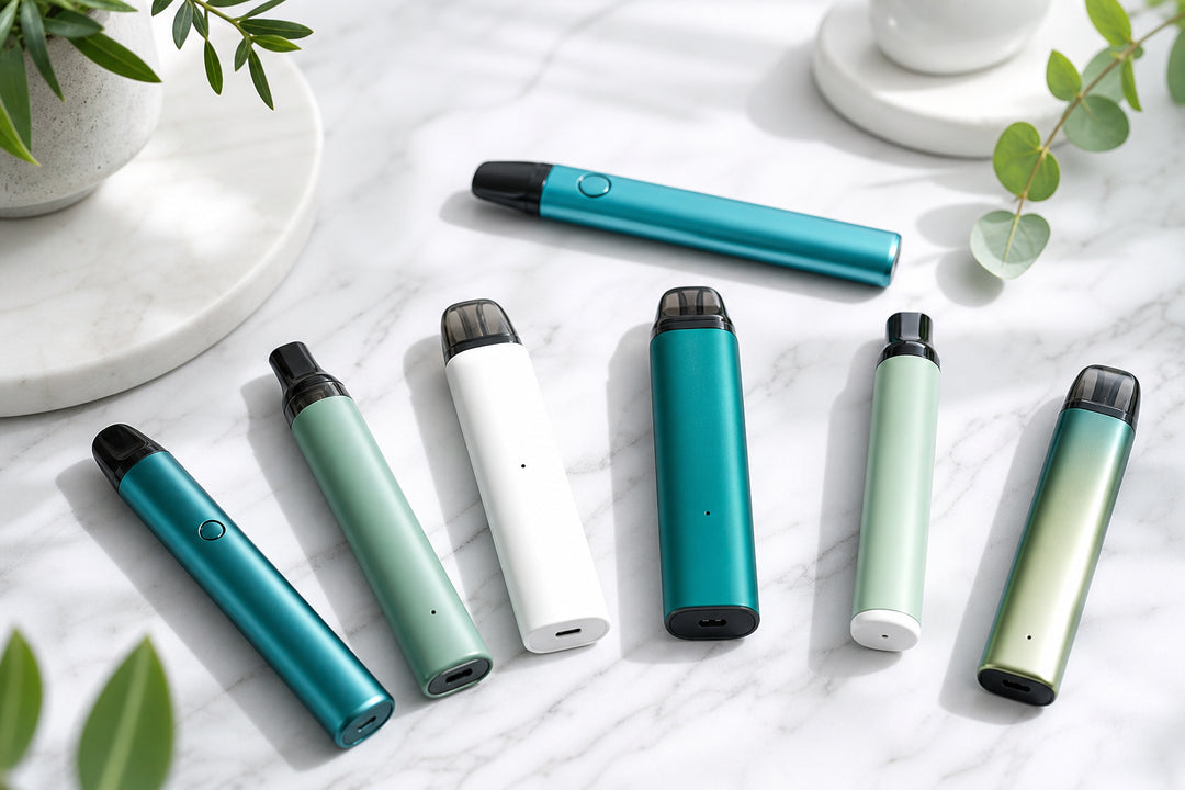 Assortment of nicotine-free vape pens on marble surface
