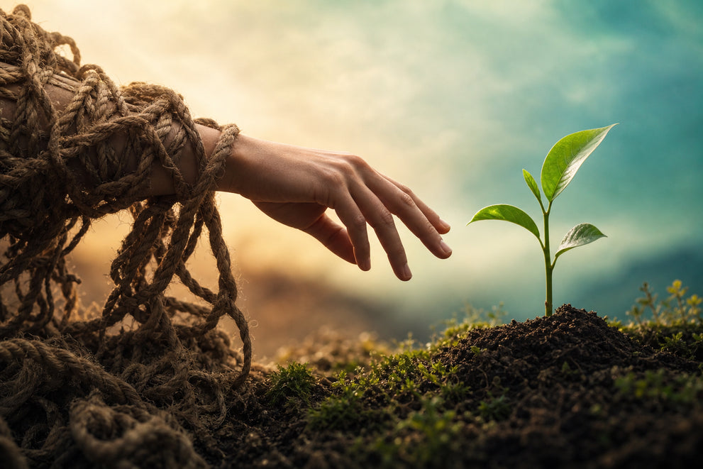 Hand reaching from old habits toward fresh growth, symbolizing habit replacement