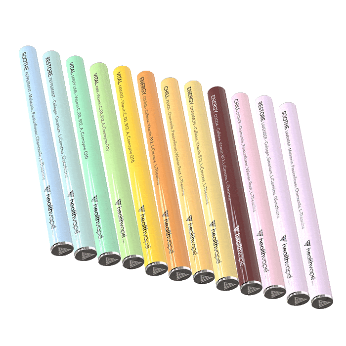 Animated rotation of the HealthVape 12-Pack showing all vitamin vape pens in different colors and flavors.