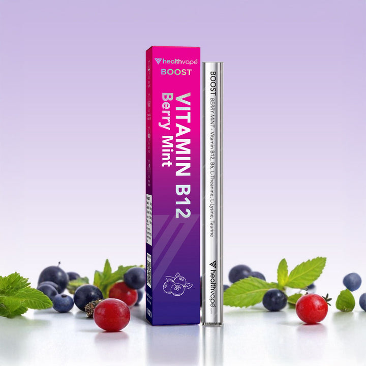 HealthVape BOOST Vitamin B12 Berry Mint product with packaging and berries on a light purple background