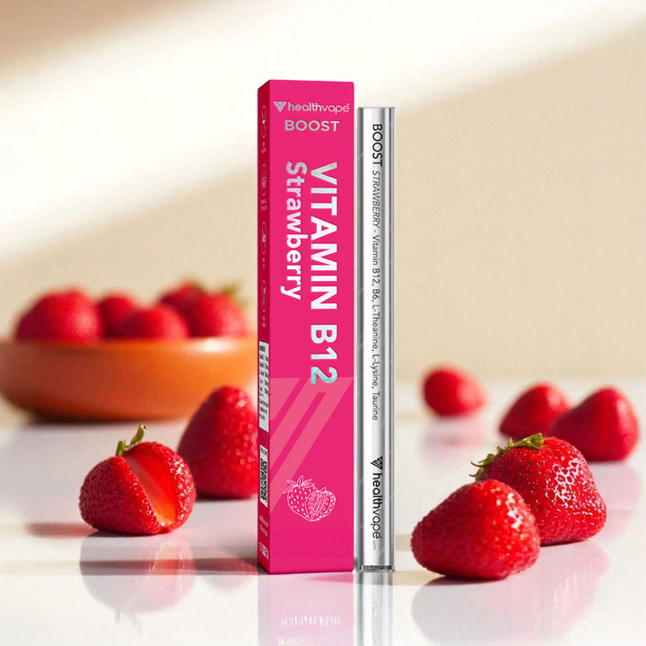 Vitamin B12 Boost Strawberry product with strawberries on a light background