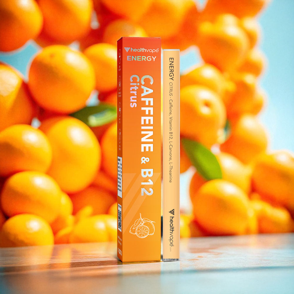 HealthVape ENERGY Citrus disposable inhaler with orange packaging, shown with its matching box.