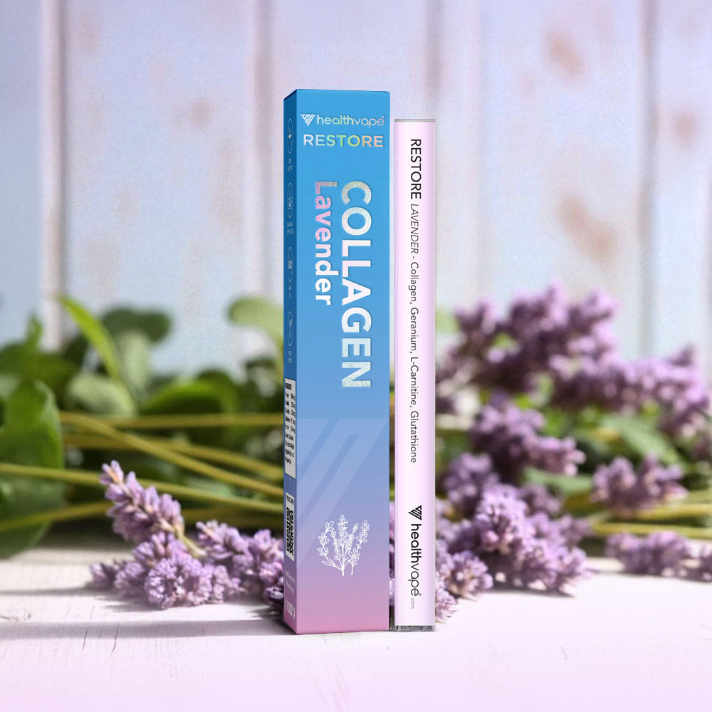 HealthVape RESTORE Lavender disposable inhaler with matching box packaging, featuring collagen, geranium, L-carnitine, and glutathione.