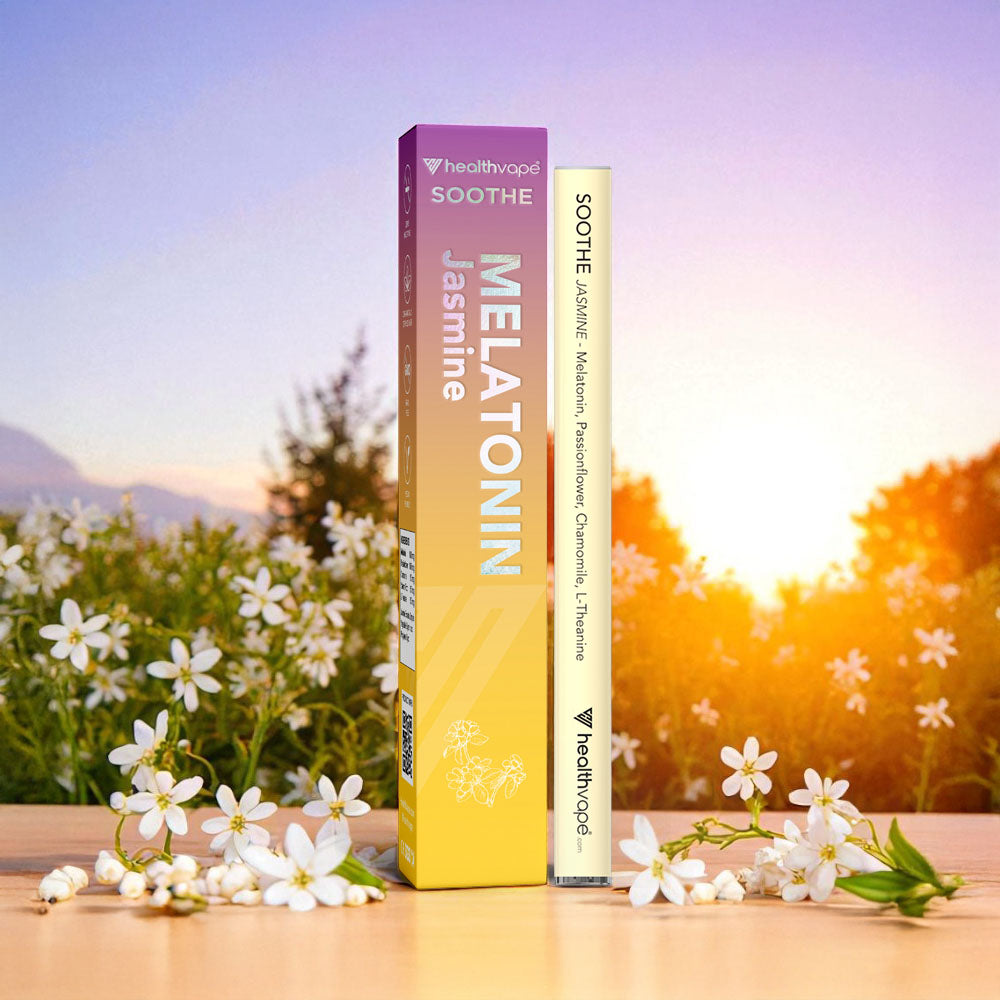 Healthvape Melatonin Jasmine product packaging with a scenic background of flowers and sunset.