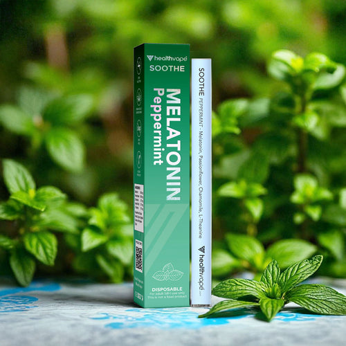 HealthVape SOOTHE Melatonin Peppermint disposable inhaler with green packaging, shown alongside the pen device.