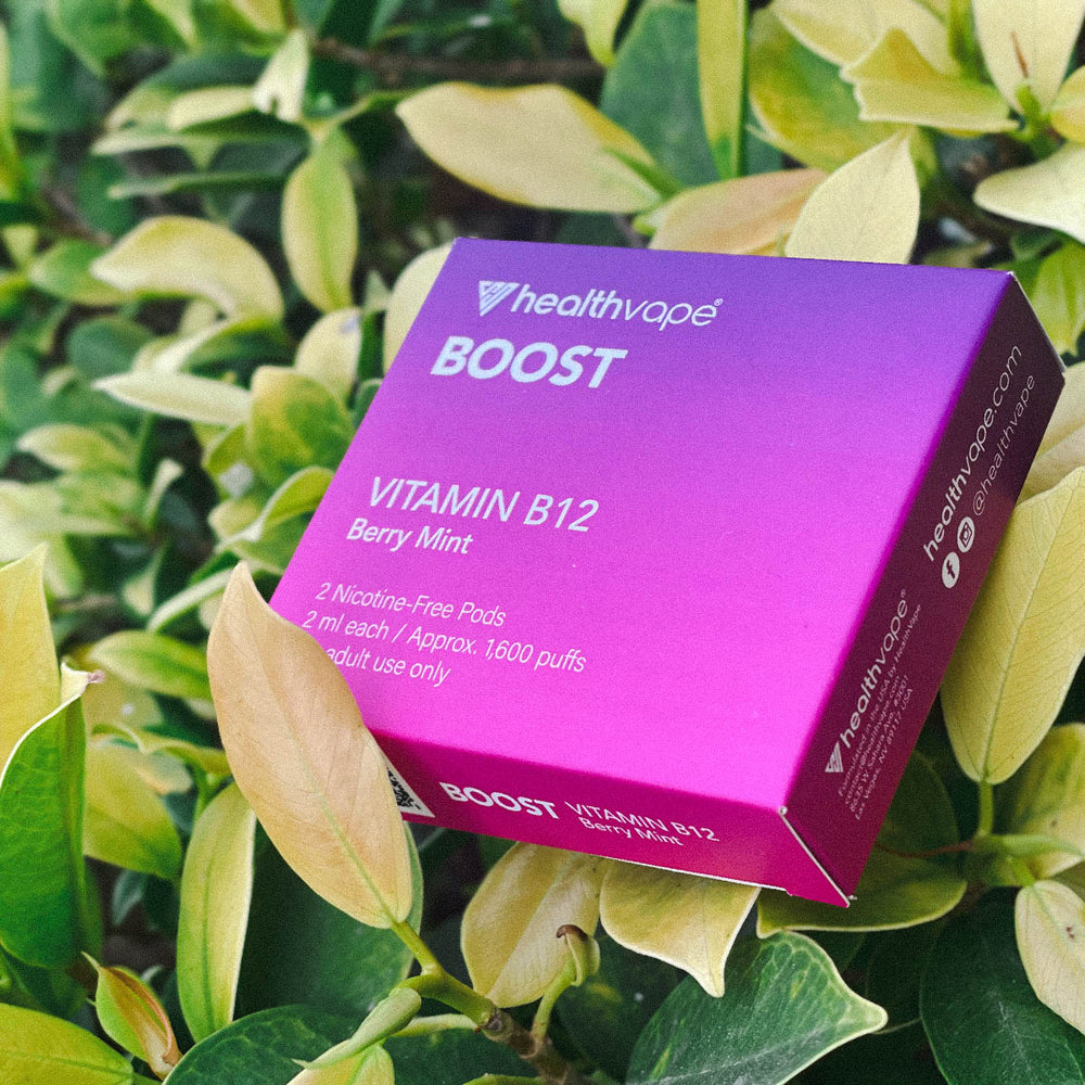 HealthVape BOOST Berry Mint pod box nestled in green foliage outdoors