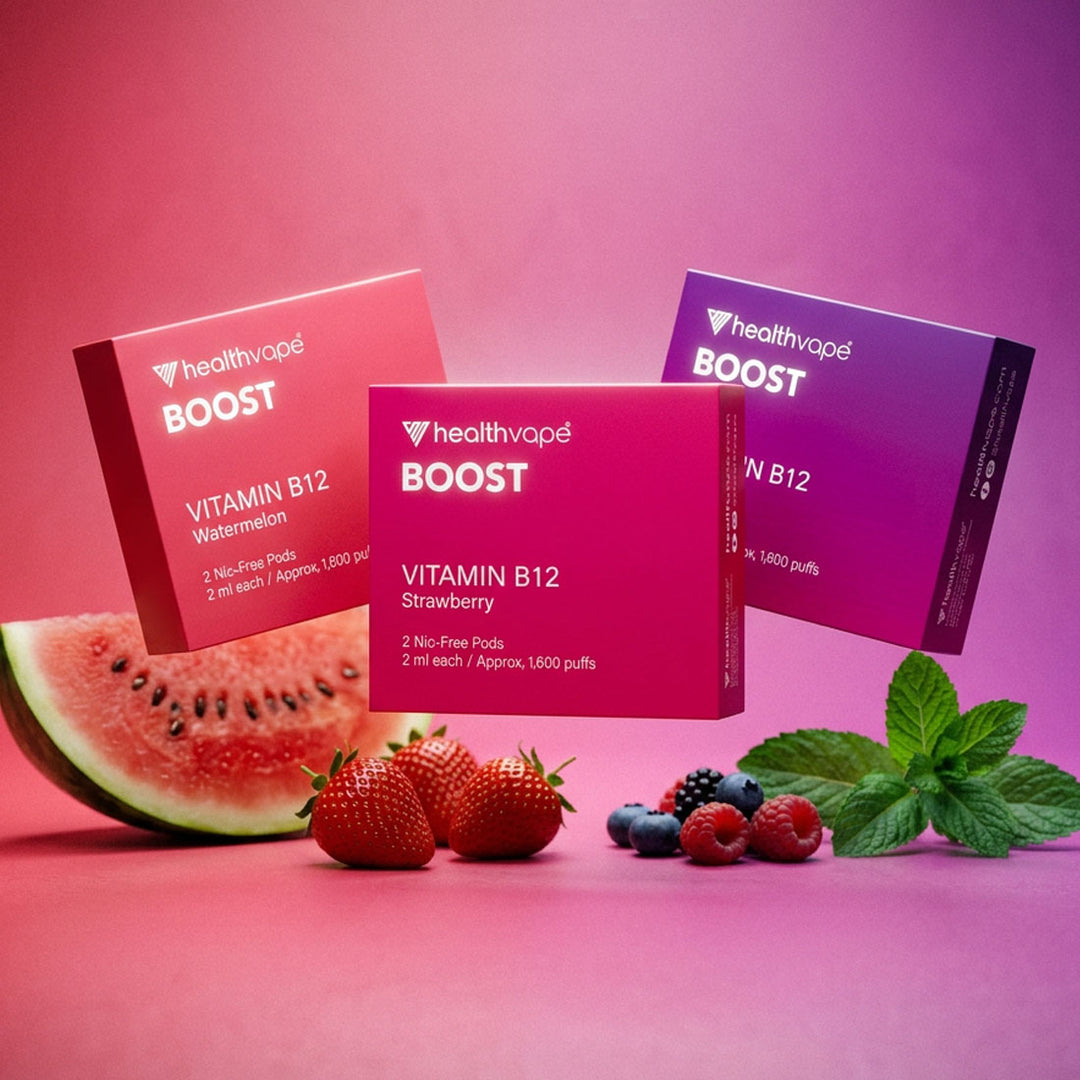 Three HealthVape BOOST Vitamin B12 pod boxes: Watermelon, Strawberry, Berry Mint