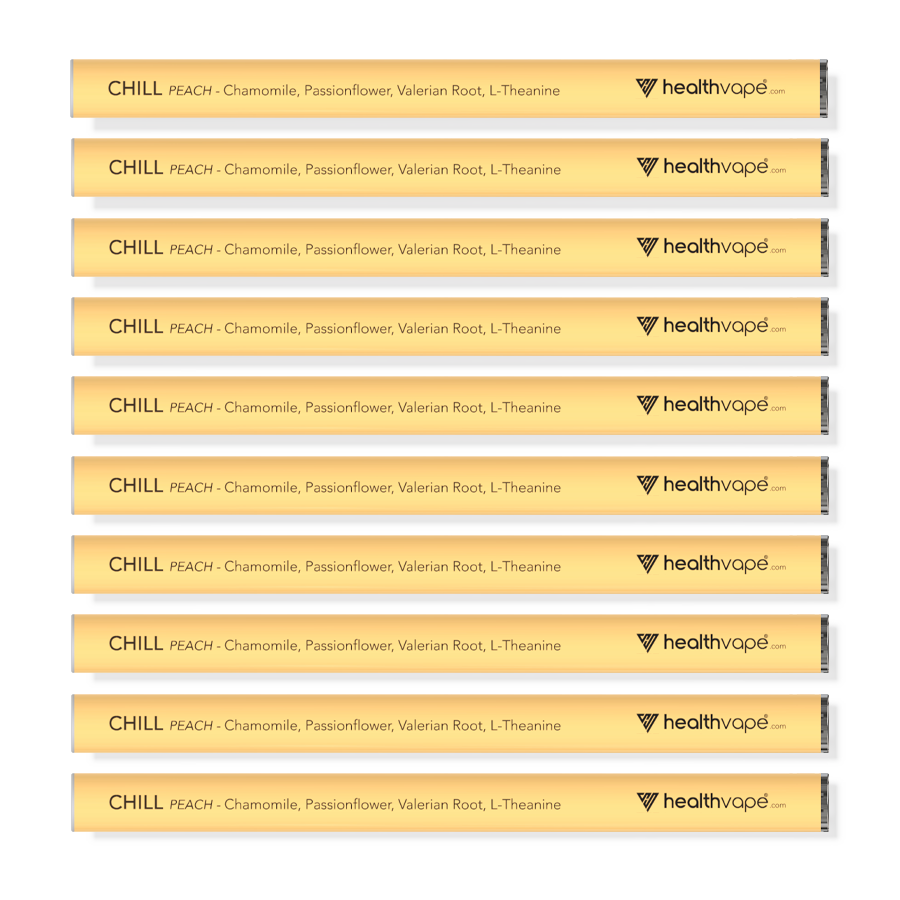 Ten yellow HealthVape Chill Chamomile Peach disposable pens displayed in stacked rows