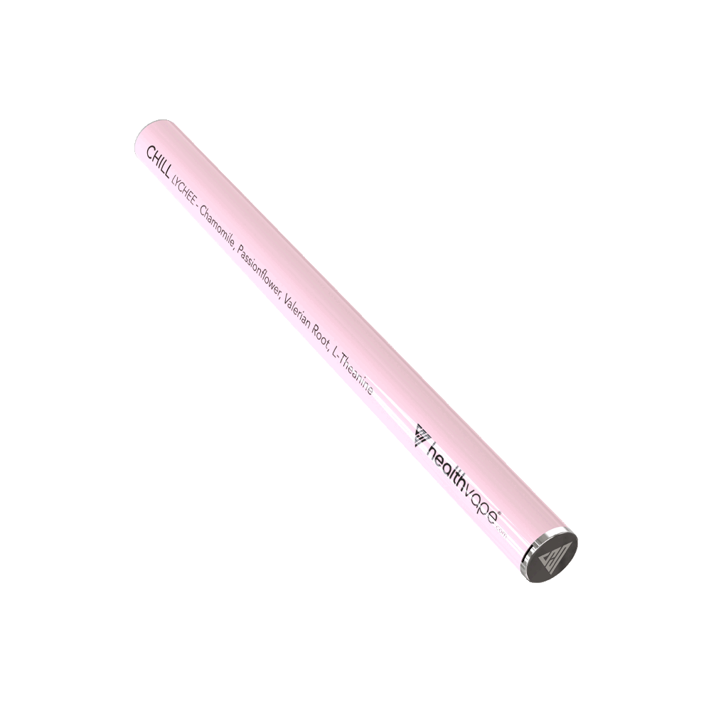 Animated HealthVape CHILL Lychee disposable inhaler in pastel pink with chamomile, passionflower, valerian root, and L-theanine.