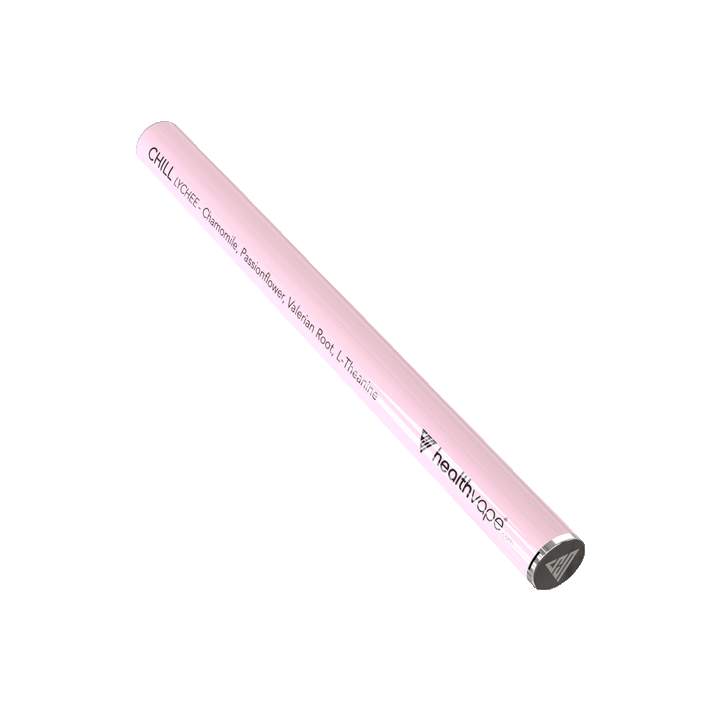 Animated HealthVape CHILL Lychee disposable inhaler in pastel pink with chamomile, passionflower, valerian root, and L-theanine.