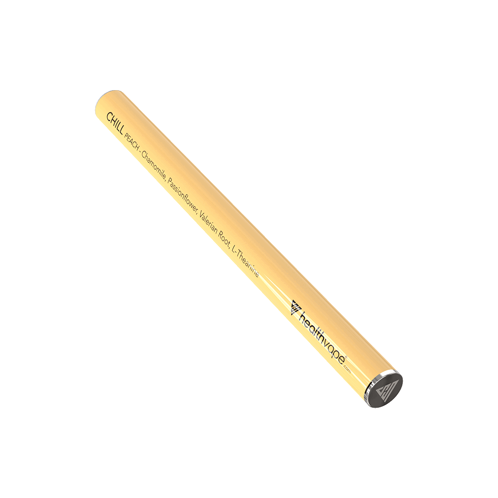 Yellow HealthVape Chill Chamomile Peach disposable vape pen on transparent background