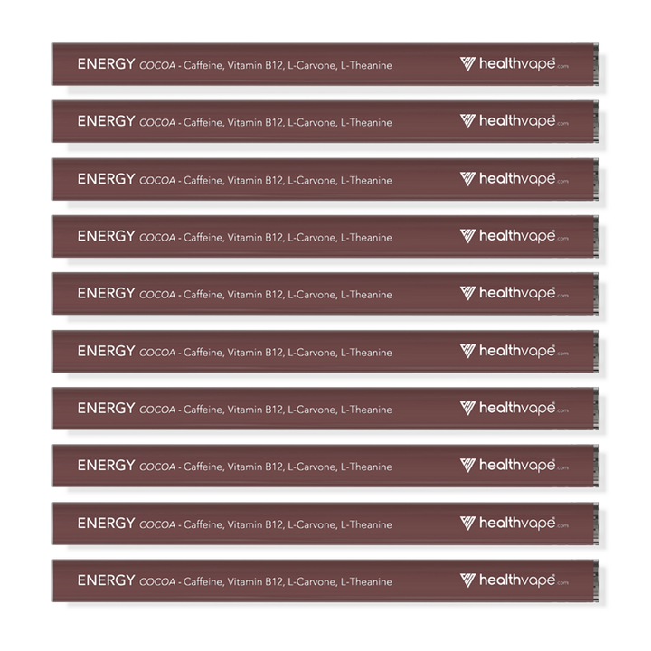 Ten brown HealthVape Energy Cocoa disposable vape pens displayed in stacked rows