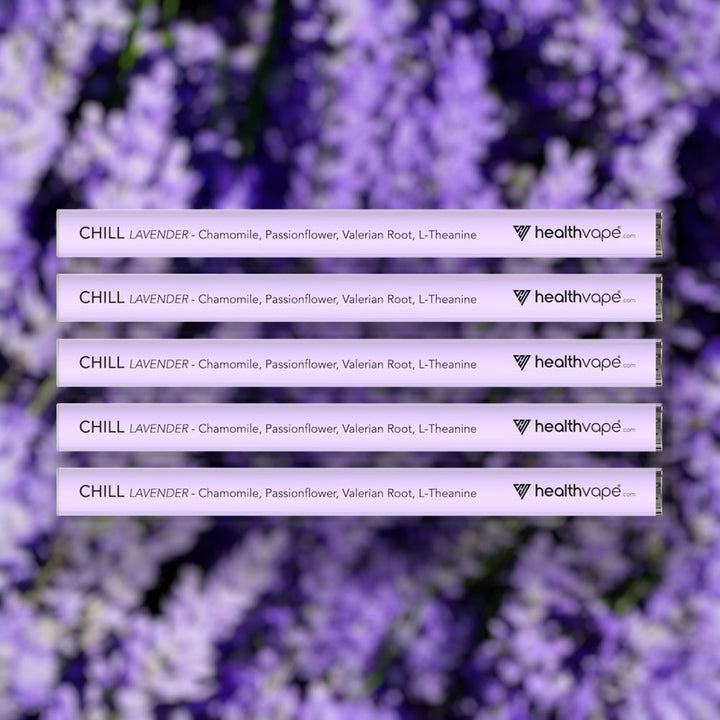 Five HealthVape CHILL Lavender chamomile pens stacked on lavender background