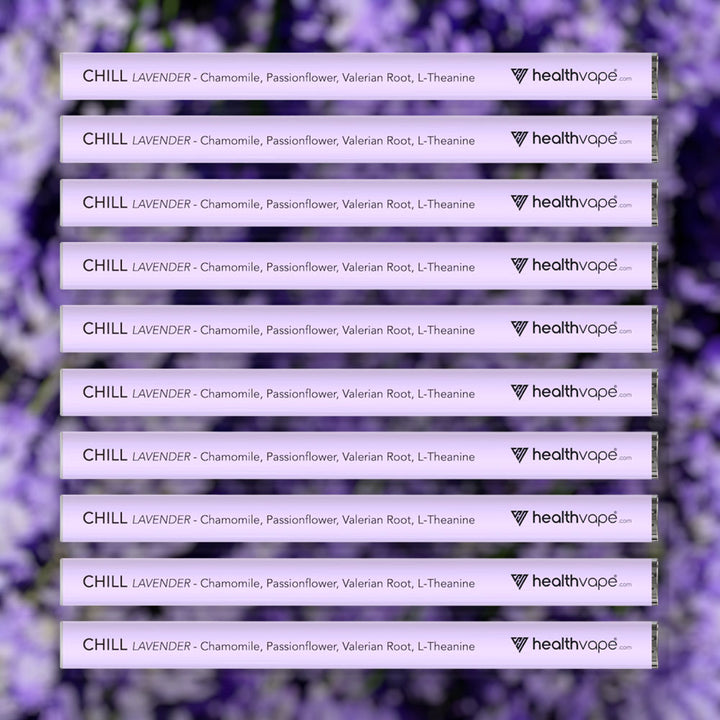 Ten HealthVape CHILL Lavender chamomile pens stacked on lavender background