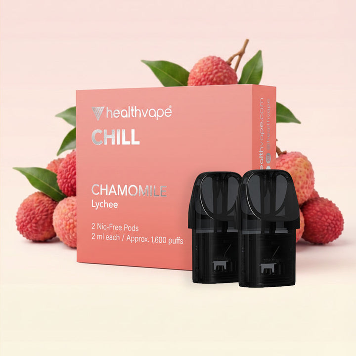 HealthVape CHILL Lychee Chamomile pod box with two nicotine-free pods