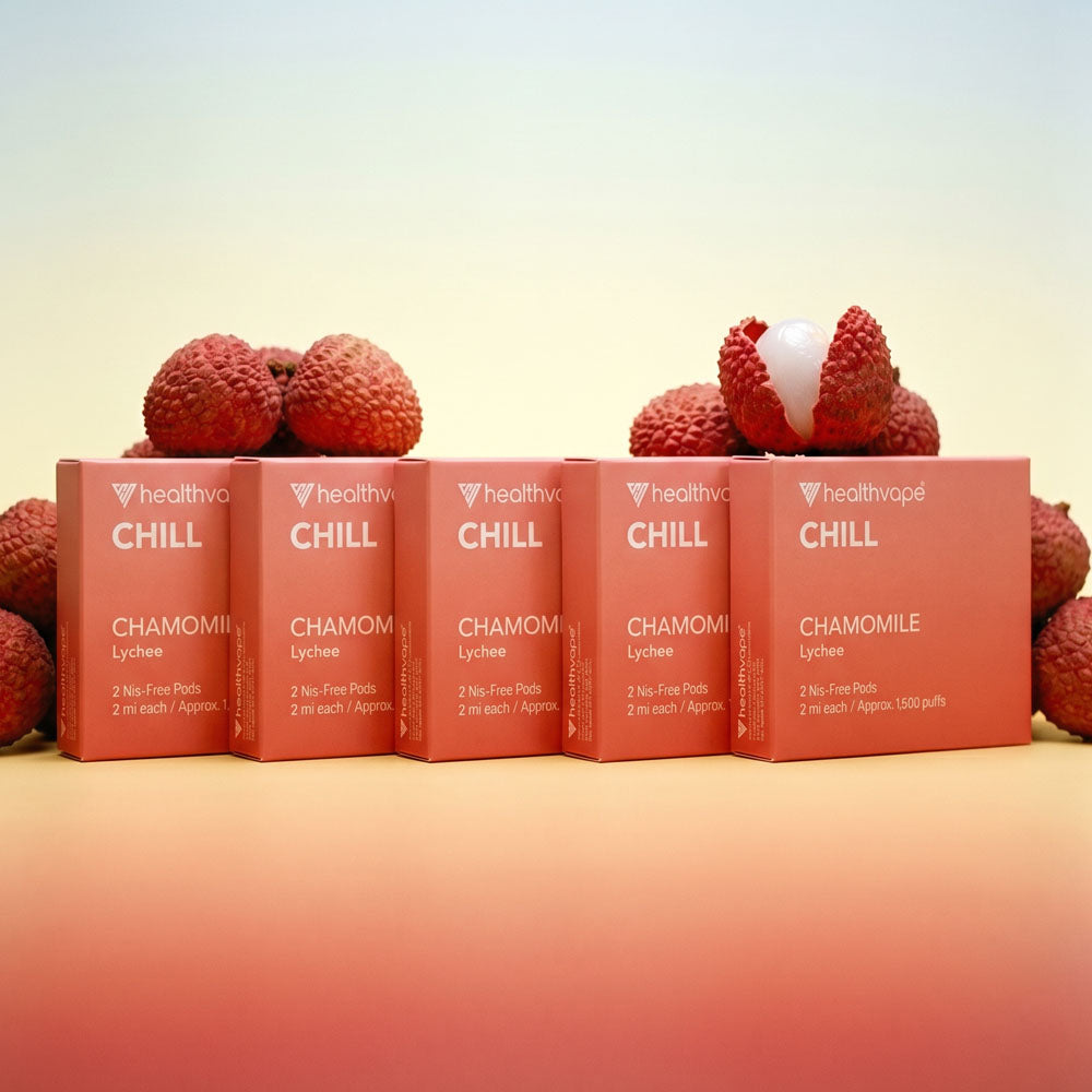Five HealthVape CHILL Lychee Chamomile pod boxes in a row