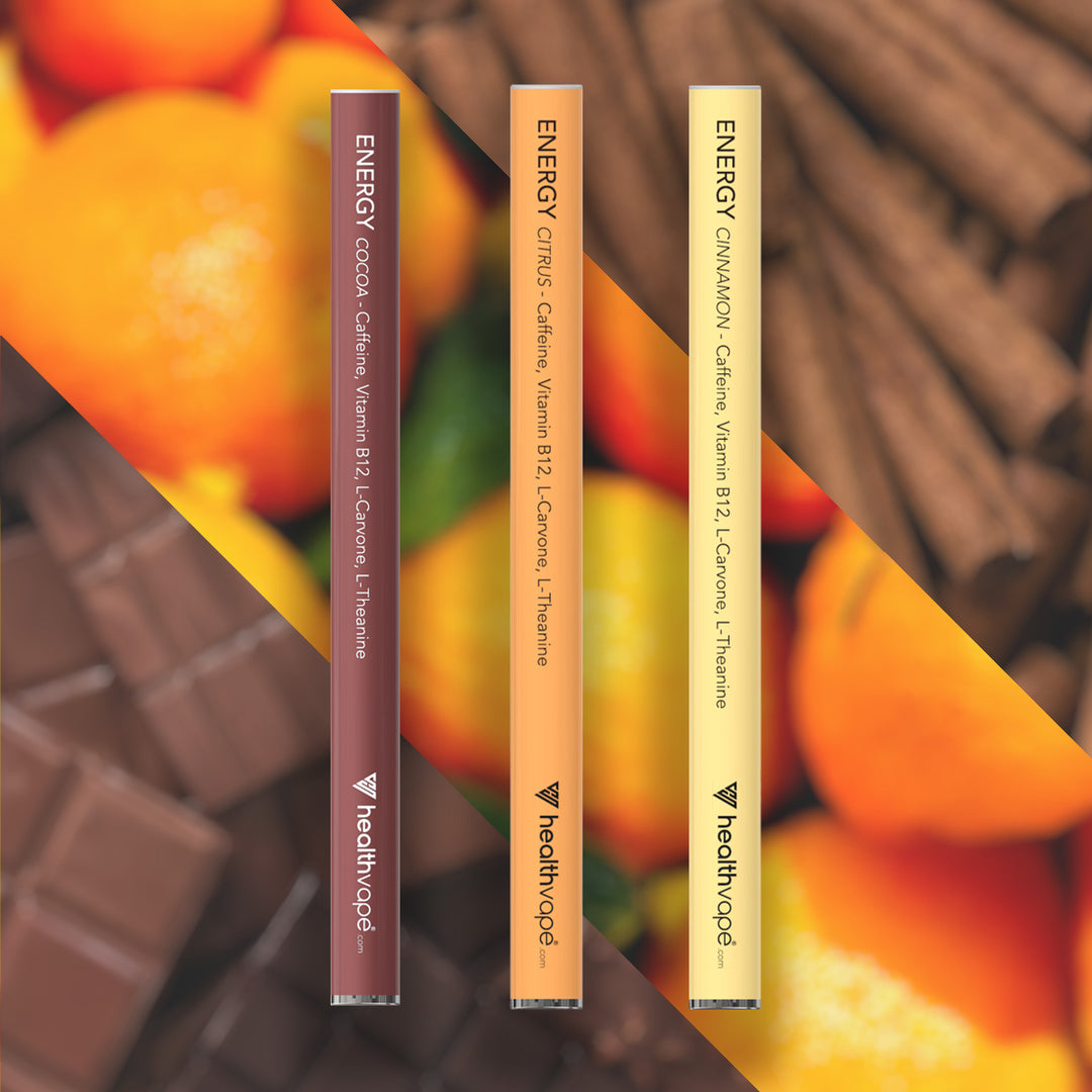 HealthVape ENERGY Caffeine bundle: Cocoa, Citrus, and Cinnamon pens on spice background