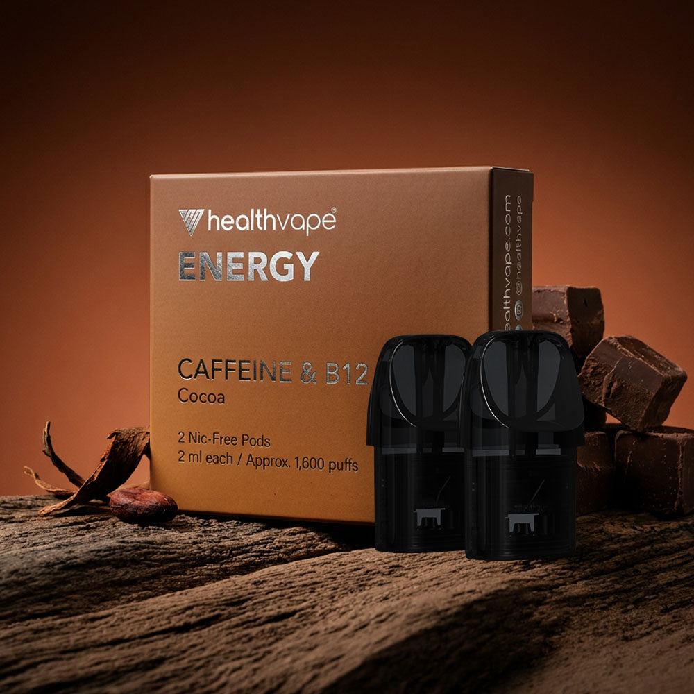 HealthVape ENERGY Cocoa Caffeine & B12 pod box with two nicotine-free pods