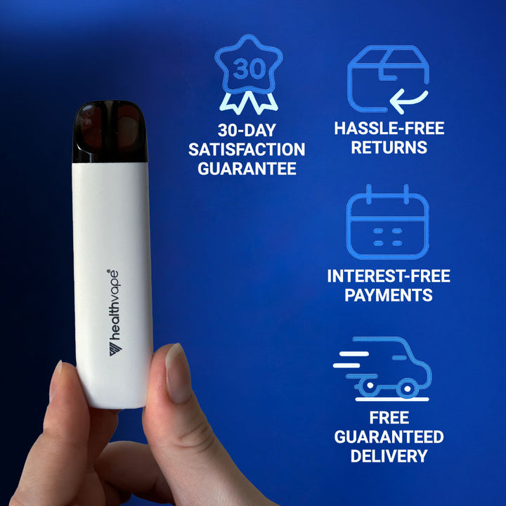 Hand holding HealthVape rechargeable pod device with 30-day guarantee and free delivery badges