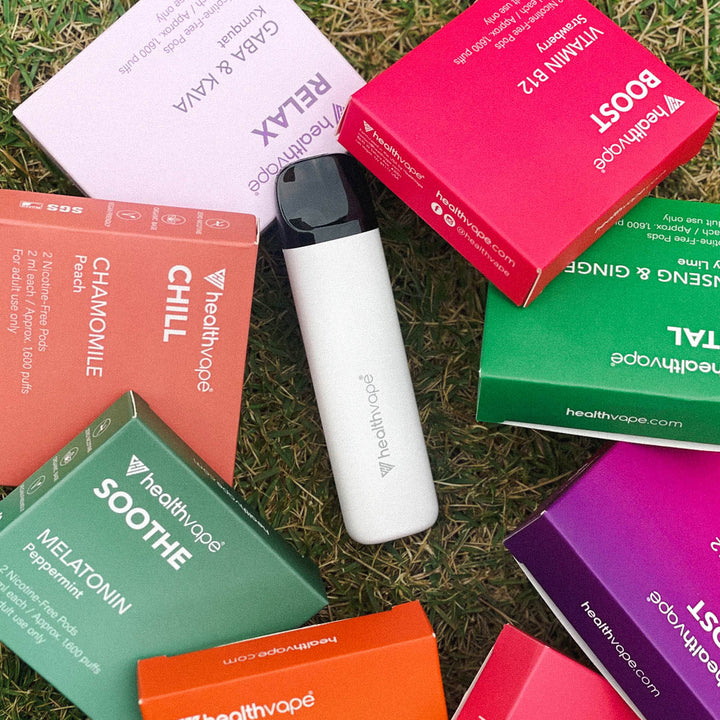 HealthVape rechargeable device with assorted pod boxes in vibrant colors