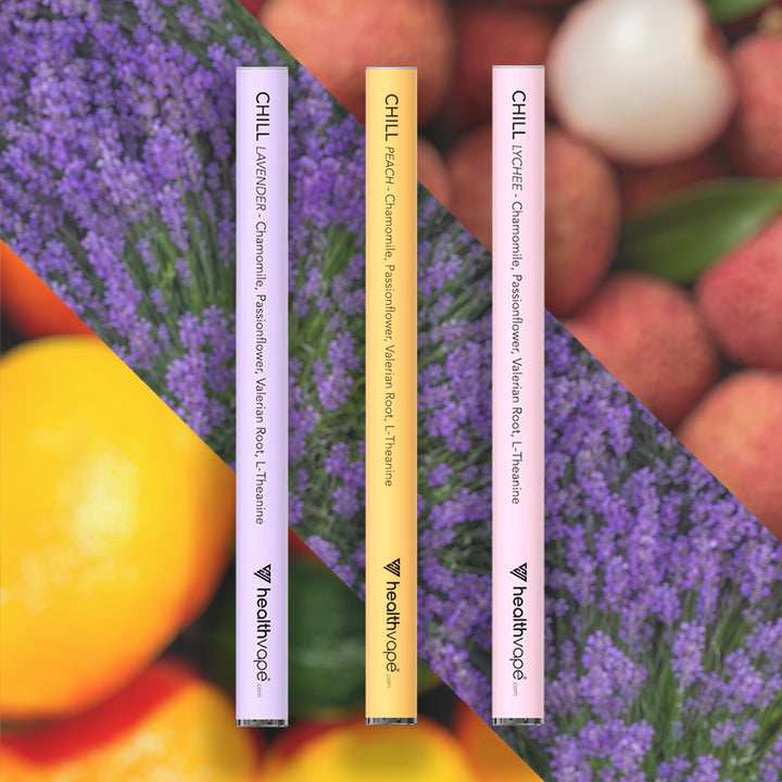 HealthVape CHILL Chamomile bundle: three calming pens on peach and lavender background
