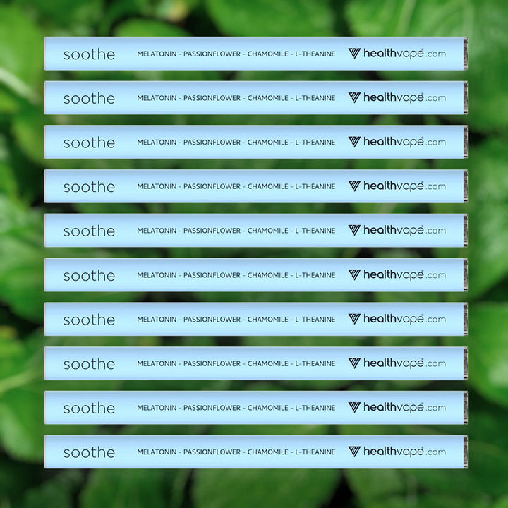 Ten HealthVape SOOTHE Peppermint melatonin pens stacked on mint background