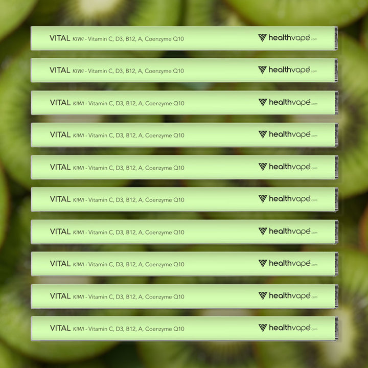 Ten HealthVape VITAL Kiwi Vitamin C pens stacked on kiwi background