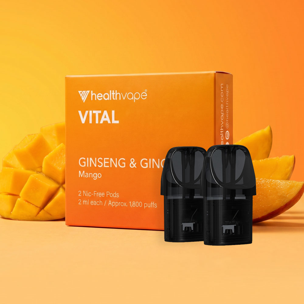 HealthVape VITAL Mango Vitamin C pod box with two nicotine-free pods and mango