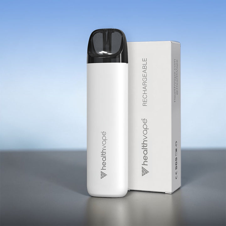 HealthVape white rechargeable pod device with box on blue gradient background