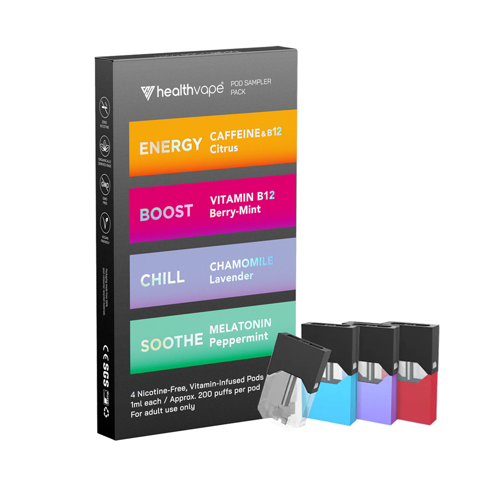 HealthVape Pod Sampler Pack featuring four disposable pods in Energy Citrus, Boost Berry-Mint, Chill Chamomile Lavender, and Soothe Melatonin Peppermint flavors, with pods displayed in front of colorful packaging.