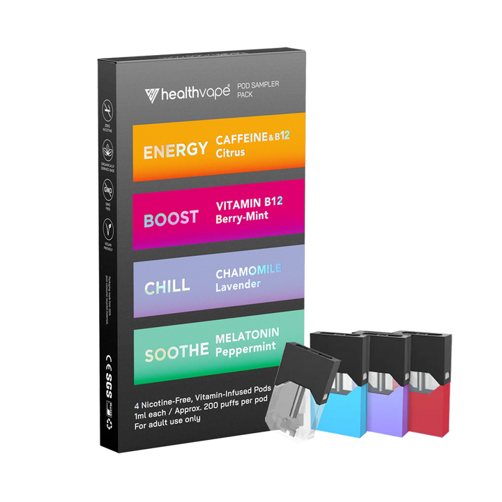 HealthVape Pod Sampler Pack featuring four disposable pods in Energy Citrus, Boost Berry-Mint, Chill Chamomile Lavender, and Soothe Melatonin Peppermint flavors, with pods displayed in front of colorful packaging.