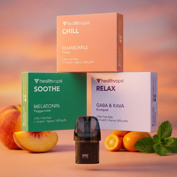 HealthVape RELAX pod bundle with chamomile, melatonin, and GABA pod boxes
