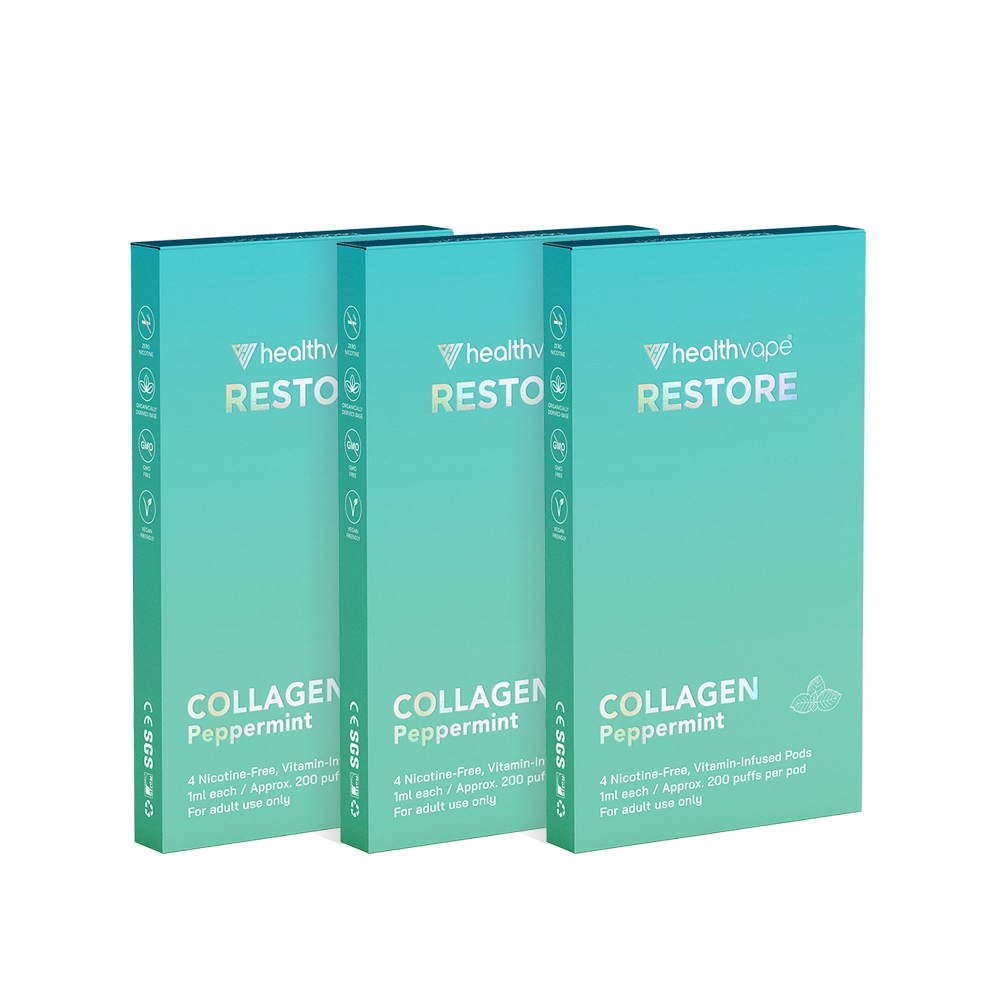 Three HealthVape Restore Collagen Peppermint boxes side by side