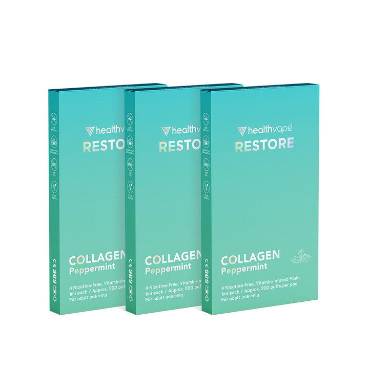 Three HealthVape Restore Collagen Peppermint boxes side by side