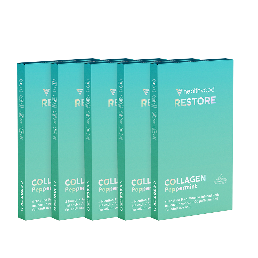 Five HealthVape Restore Collagen Peppermint boxes in a row