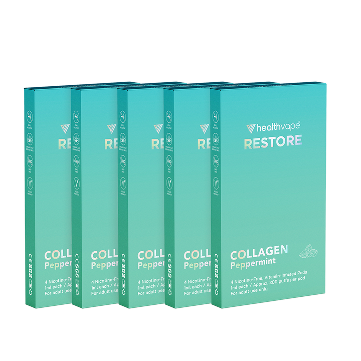 Five HealthVape Restore Collagen Peppermint boxes in a row