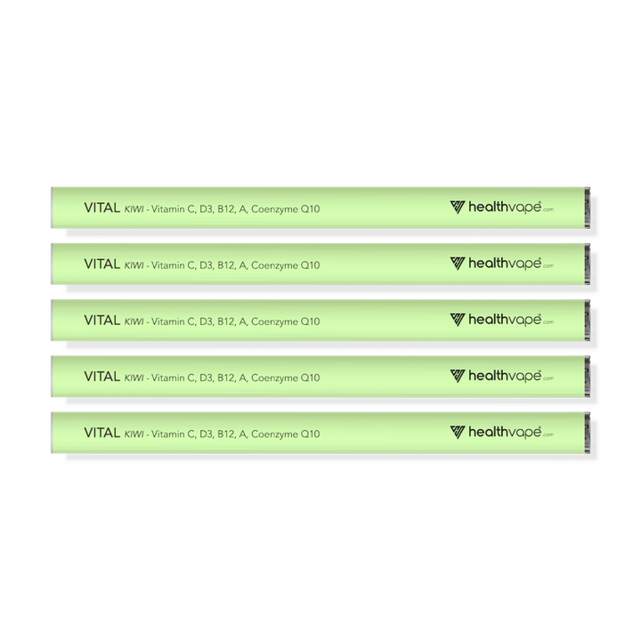 Five HealthVape Vital Vitamin C Kiwi disposable pens lined up on transparent background