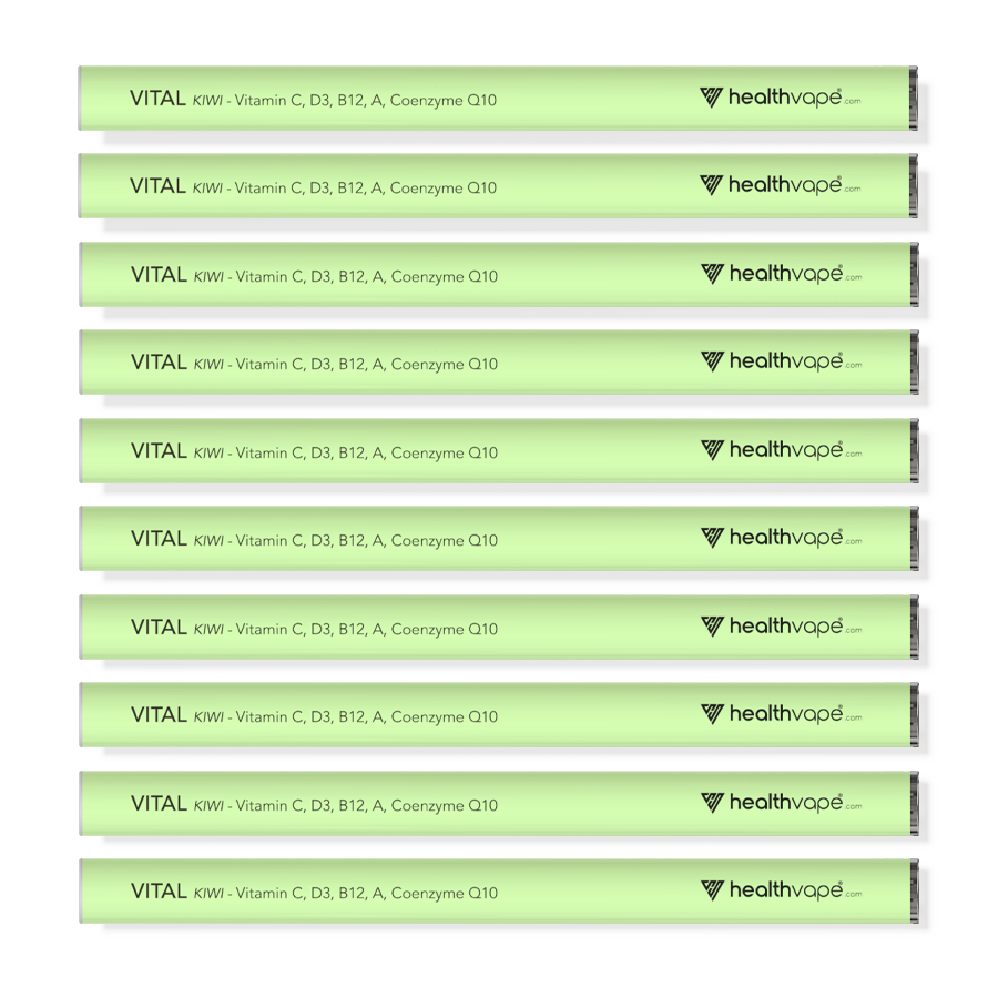 Ten HealthVape Vital Vitamin C Kiwi disposable pens displayed in stacked rows