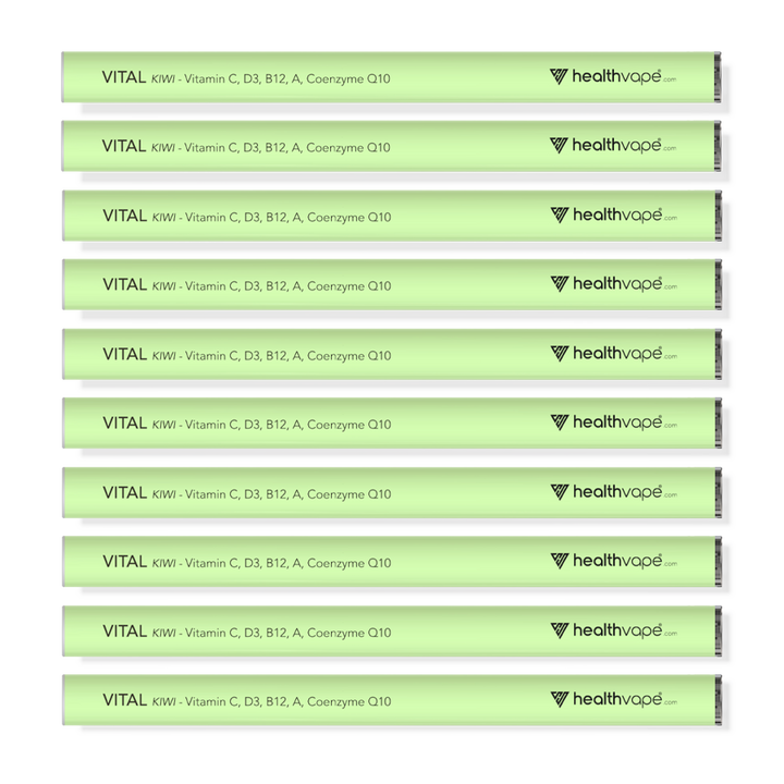 Ten HealthVape Vital Vitamin C Kiwi disposable pens displayed in stacked rows