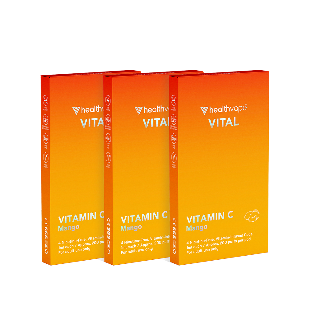 Three HealthVape Vital Vitamin C Mango boxes side by side