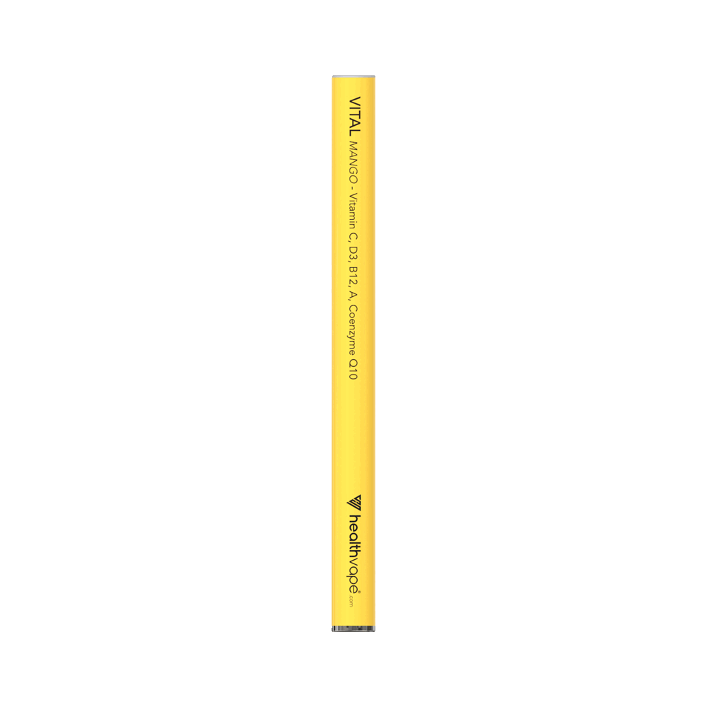 Animated HealthVape VITAL Mango disposable inhaler in yellow design, featuring Vitamin C, D3, B12, A, and Coenzyme Q10.