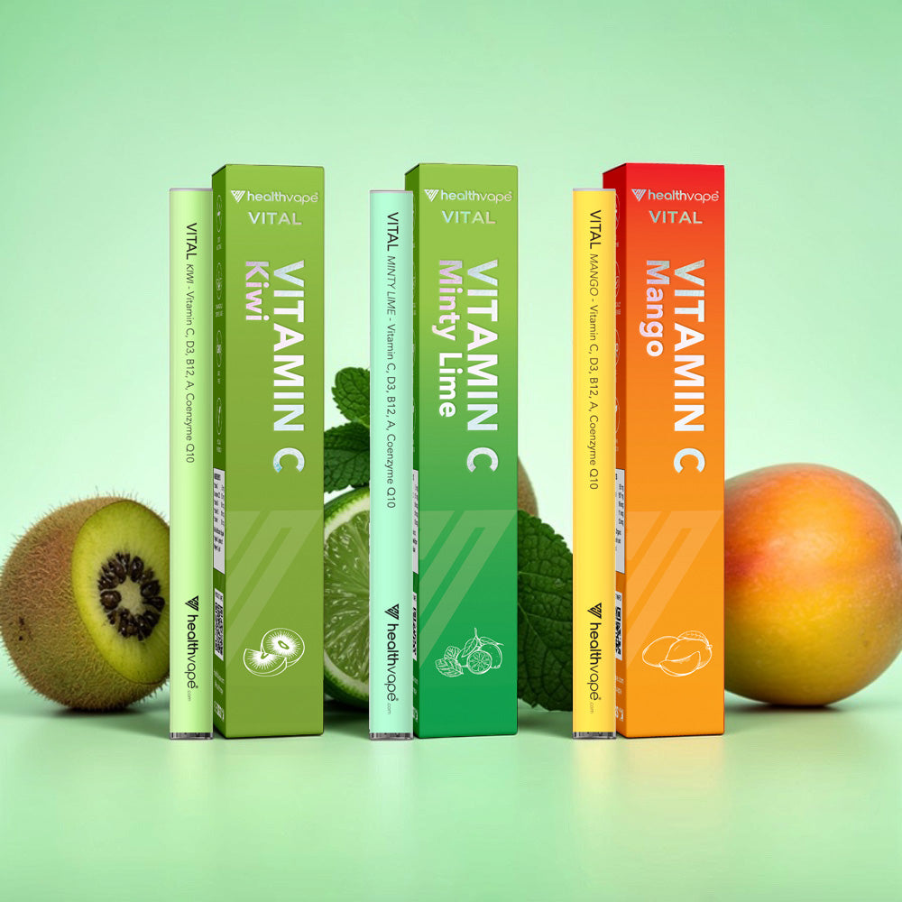 HealthVape VITAL Vitamin C bundle with three pens: Kiwi, Mango, and Minty Lime