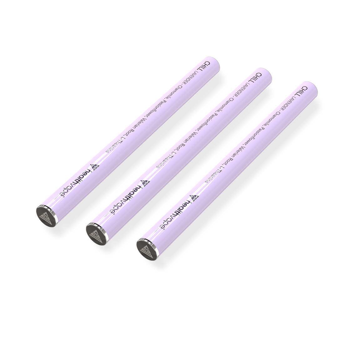 Three HealthVape Chill Chamomile Lavender disposable vape pens aligned horizontally