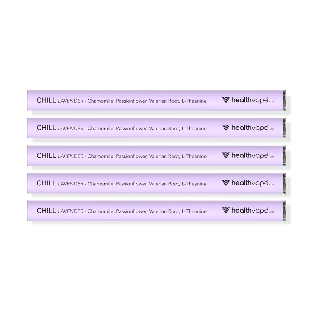 Three HealthVape Chill Chamomile Lavender disposable vape pens aligned horizontally