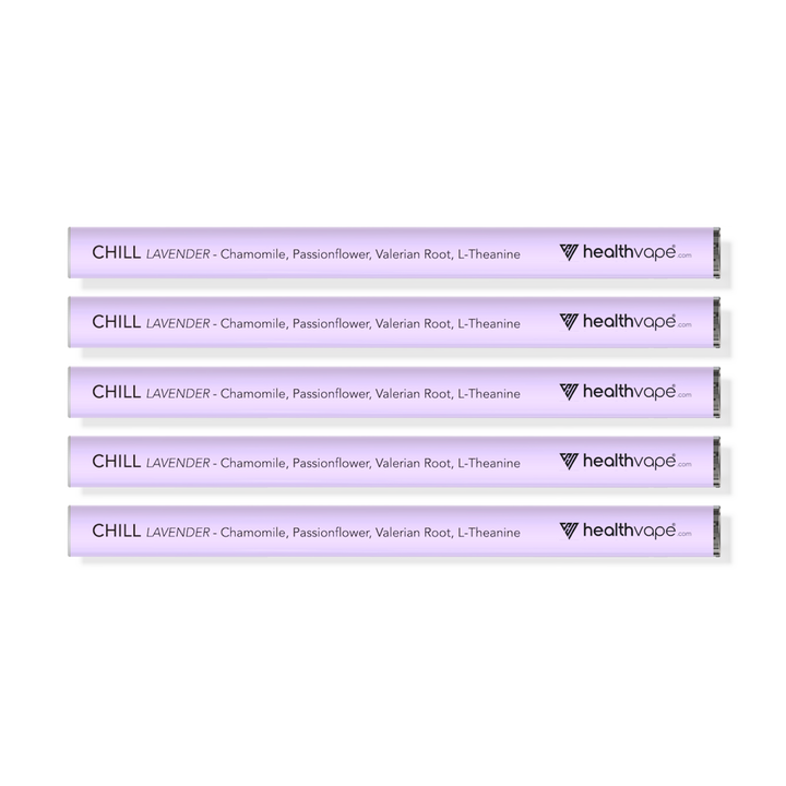 Three HealthVape Chill Chamomile Lavender disposable vape pens aligned horizontally
