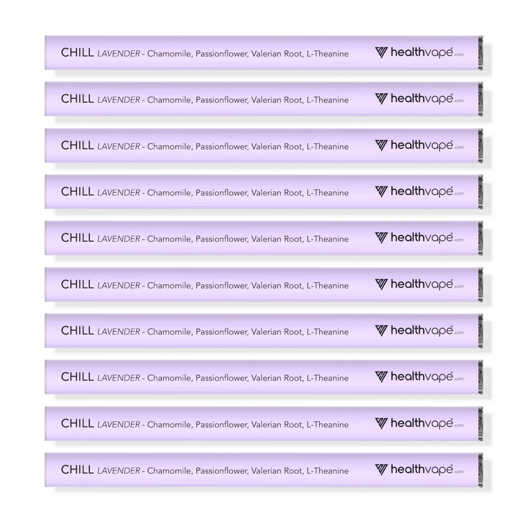 Ten HealthVape Chill Chamomile Lavender disposable vape pens displayed in stacked rows