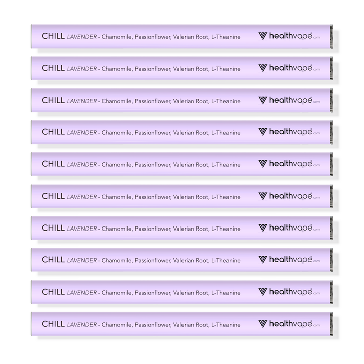 Ten HealthVape Chill Chamomile Lavender disposable vape pens displayed in stacked rows