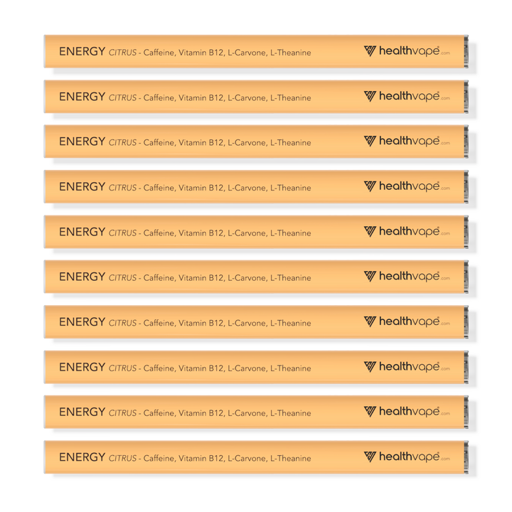 Ten HealthVape ENERGY Citrus disposable inhalers in orange design, highlighting Caffeine, Vitamin B12, L-Carvone, and L-Theanine.