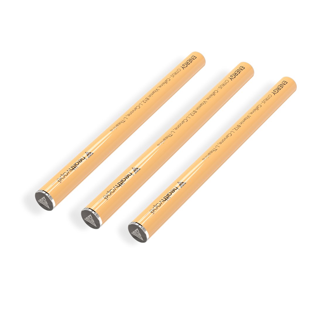 Three HealthVape ENERGY Citrus disposable inhalers in orange design, featuring Caffeine, Vitamin B12, L-Carvone, and L-Theanine.