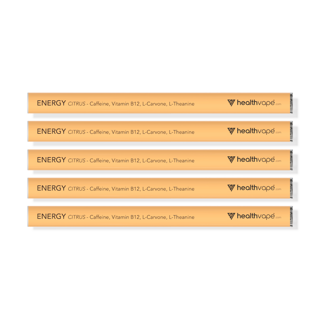 Five HealthVape ENERGY Citrus disposable inhalers in orange design, labeled with Caffeine, Vitamin B12, L-Carvone, and L-Theanine.
